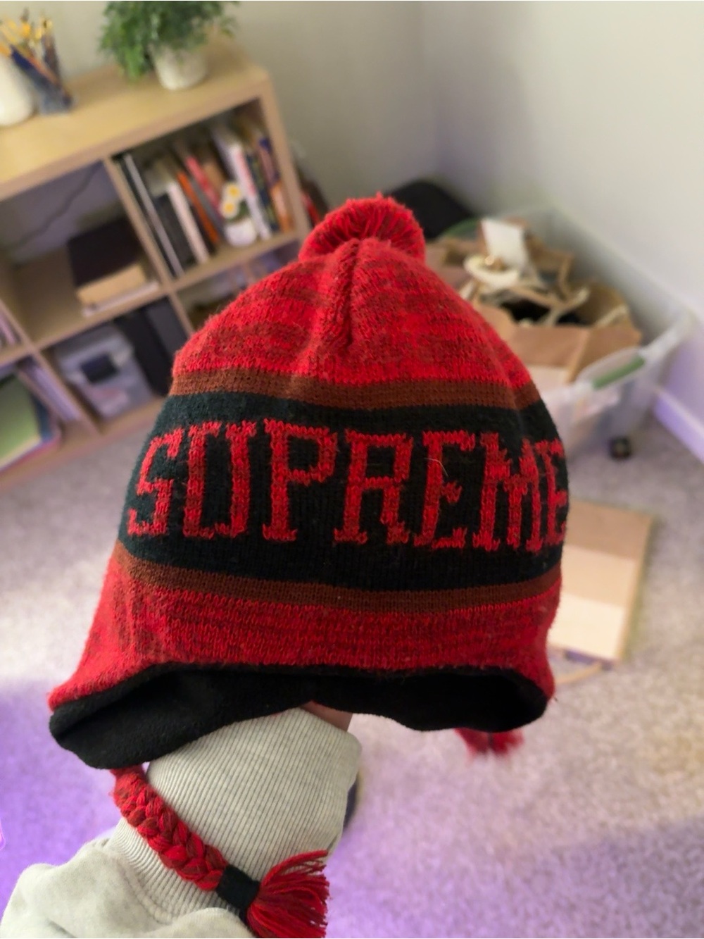 Supreme Red and Black Pom Beanie Hat